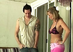 Becca Blossoms gives a hardcore blowjob to Mark Zane and then gets it on a coffee table