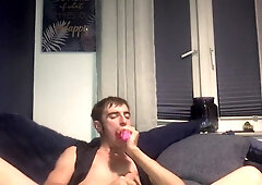 Thin solo lad pleasing himself with good-sized fake penis