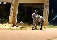 Motorcyclist watches employee urinating, returns and offers a fellatio