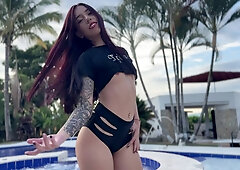 Pretty redhead latina is pleasing her boyfriend beside the pool