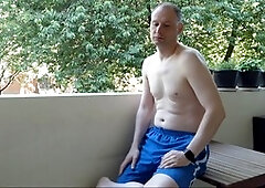 Horny amateur gay with smooth balls jerks off outdoors