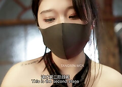 Asian dominatrix in cheongsam interrogates with candle and chains during intense bondage session
