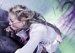 Glasses and Buttplug Tattooed TEEN Riding a Tattooed Penis Banging double penetration Facial