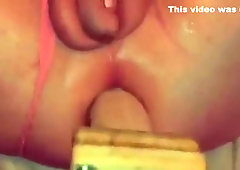 Huge dildo on fucking machine in tight ass with cum shot