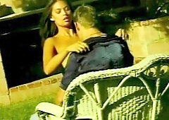 This couple has a wild hookup on the stool in the yard that's unforgettable