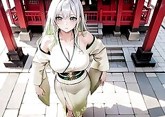 The silver-haired shrine maiden sheds her dignified facade in the quiet sanctuary, lounging in a green and white kimono that barely covers her curves.