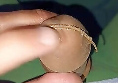 Nylon cumshot ball emptying orgasam