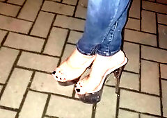 Public crossdressing in sexy heels - European femboy shows off in public