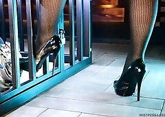 The Mastix in high heels approaches the cage with the serf, takes off her shoe and makes the serf lick her foot in hose right throughout the bars of t