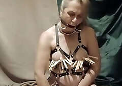 2025 08 21 Slave F self-seance clamps harness gag belt