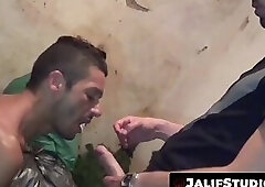 Esteban Diaz drops to his knees with Tim Coslas dick in his throat