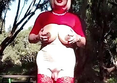 Alina plays with her dick in the park