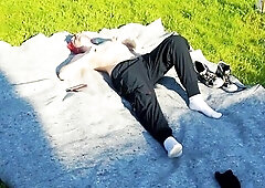 Pleasure with lube in the backyard