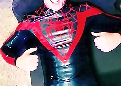 young man gets fucked in a rubber spidey suit