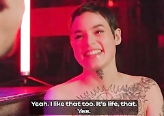 Resigned tattooed doxy gets gagged and dominated by 2 coarse boyz in S&M style