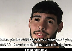 LatinLeche - Fabulous Latino Dude gets Caked in Jizz by 4 Suspended Boys