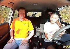 Slender busty brunette Sanny Luke fucked on the backseat