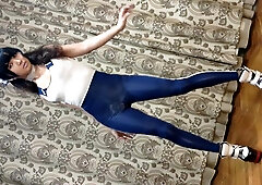 Cool sissy Ponyboy in his fitness body-suit and high stilettos