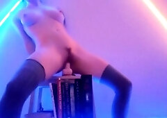 Wren Rhubarb - neon-and-laser-sounds dildo fucking - riding