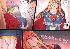 Blonde superheroine in blue and red costume appears in digital comic panel with surprised man