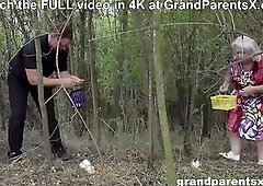 GrandParentsX.com movie! In the woods, the lustful cougar bows down to pick a mushroom when Dave lifts her petticoat and kisses her butt. Hirsute hair