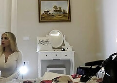 Pants and Hose lover sexy golden-haired small gal flashes her booty below her petticoat and likewise takes her strap off. With backstage and stripteas