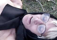 Nylon granny loves outdoor bang and facial with her younger fucker.