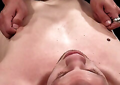 Nipple-twisting shemale bitch shows his cock a nice blowing time