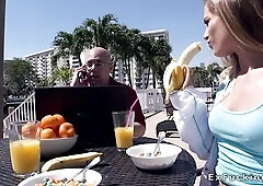 Amateur brunette hair teen Sydney Cole wanks chaps dong and eats banana beside pool whilst her old chap phoning then in bedroom sucks and bangs him ha