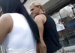 Brunette with perky boobs ramms with furious boy