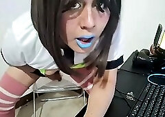 Pretty Femboy with Nose Hook and Sling Thong Jerking Off for Halloween