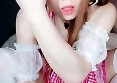 Japanese femboy in white panties bottoms out huge red dildo