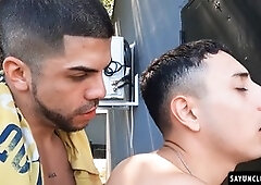 Super naughty Uriel Simon gets to enjoy a handjob from his driver Fer Froma's huge cock