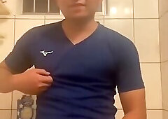 Chubby chinese man jerks milky fat uncut dick