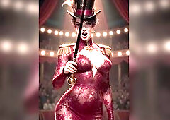 Manga ring leader, clown and acrobat in a hot circus show. Undress, smutty talk and virtual sex. High manga colour style. All AI generated content.