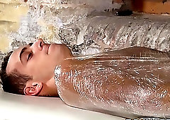 Completely tied submissive man teased