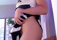 trans cheerleader rides dildo