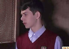 Priest sucks twinks cock through a slot and rides him