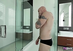 Guy with pussy fucked by a two shemales with big tits