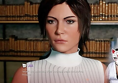Stylized librarian in white turtleneck teased by fox-masked observer in digital art series