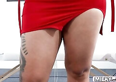 Voluptuous brunette hair drenched in oil receives massage and giant spunk flow