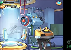 Curvy blonde doctor navigates a surreal cartoon spaceship hospital