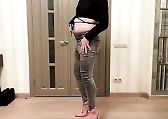 I'm your sissy trap in grey slim ebony jeans and cropped ebony blouse. I wear my high heels for u this day to suck your worthy large dick. If u c