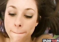 Short haired brunette hair babe gets hardcore screwed and cum drink