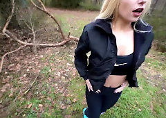 Striking blonde teen gets drilled doggystyle in the woods