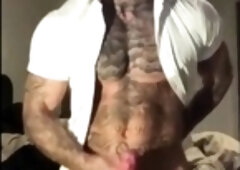 Tatted Stud Strokes His Big Cock Solo