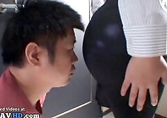 Japanese assistant clothed sex and stunning cumshot