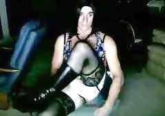 Cute College Crossdresser Stroking it on Webcam
