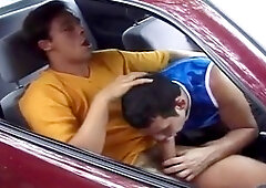 Two lustful young guys suck each other off in the car and pound their tight asses outdoors