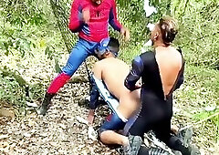 SUPERHERO CAPTAIN AMERICA, SPIDER-MAN, AND BLACK PANTHER LOST IN THE FOREST WITH HORNYNESS